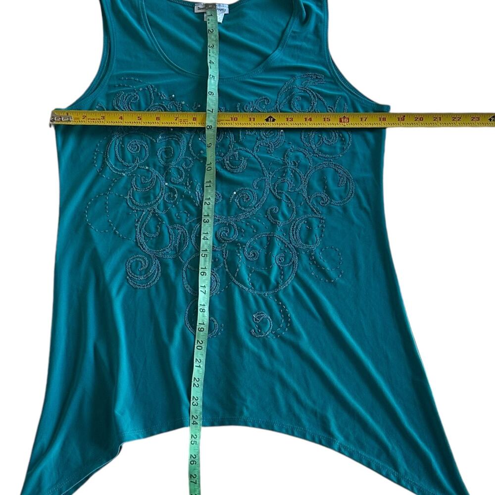 Womens Tank Top Size Medium Blue Embellished Sequins Artsy High Low Long Office - Picture 4 of 9